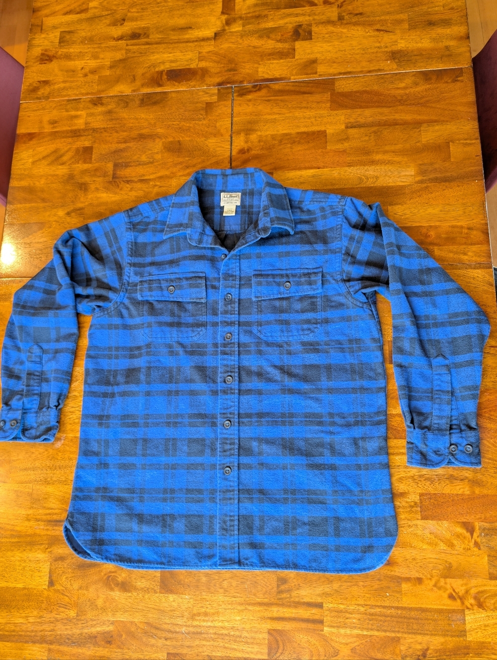 L. L. Bean Blue and Black Plaid Button-Up Shirt Heavy Flannel Chamois
